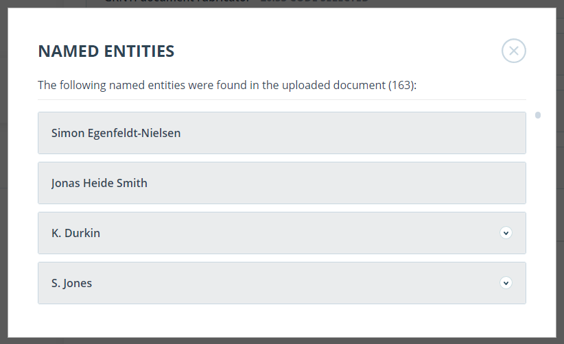 Modal window with a list of named entities